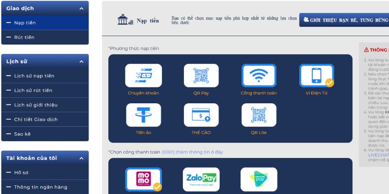 Điều kiện để nạp tiền Goal123 thuận lợi